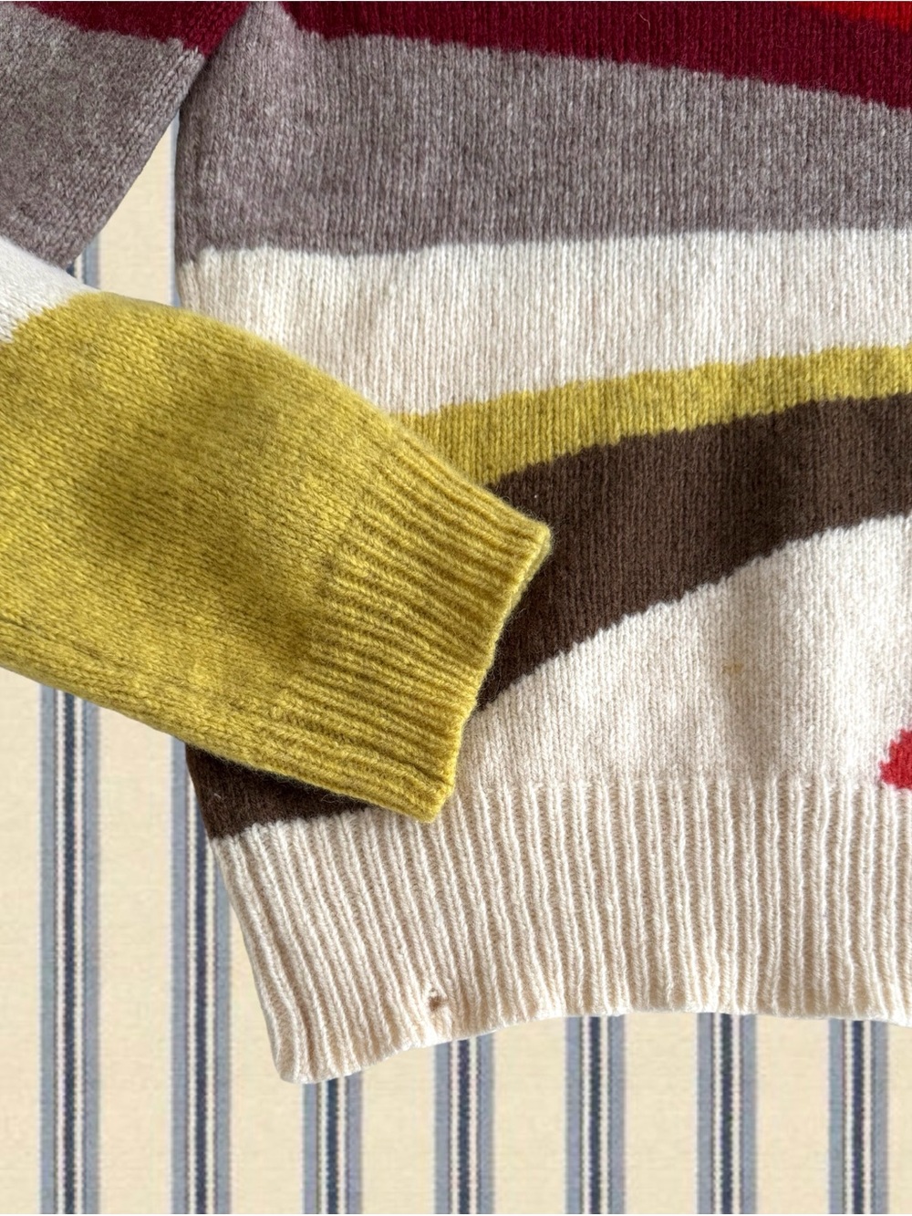 J. Crew Cream Crewneck Sweater with Red, Maroon, Yellow & Brown Stripes - Picture 3 of 7
